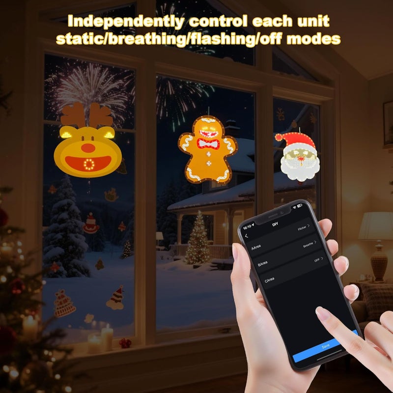 Lopanbs 3Pack 12in Smart Christmas Window Lights Decorations with Remote/App, Lighted Santa Face, Reindeer, Gingerbread Man, Timer, Music Sync, Dimmer, Holiday Indoor Outdoor Wall Door Glass Decorations - Image 4